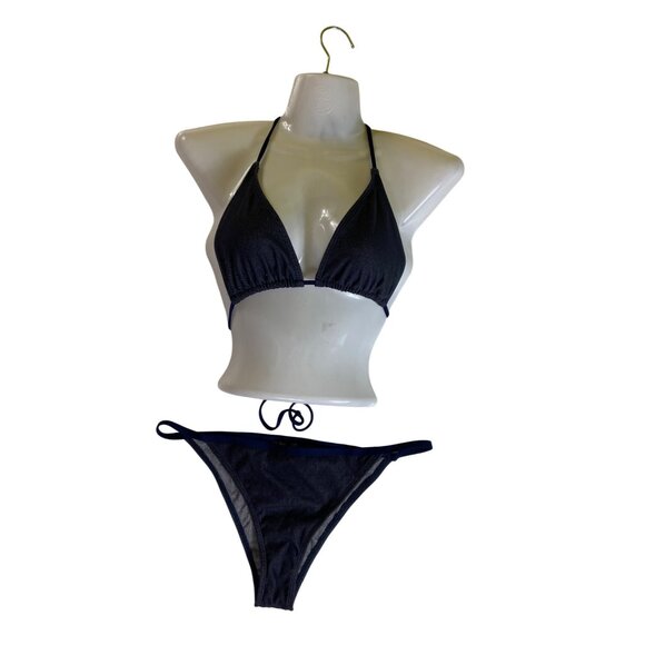 Navy Blue Halter Triangle Bikini XL Fashion Nova Sexy Denim Jean Look Y2K Beach - Picture 1 of 11